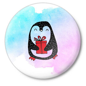 Значок с принтом Милый пингвин с подарком в Новосибирске,  металл | круглая форма, металлическая застежка в виде булавки | Тематика изображения на принте: 