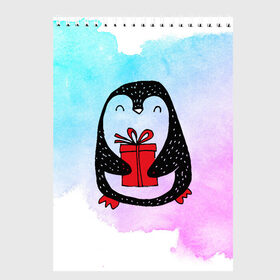 Скетчбук с принтом Милый пингвин с подарком в Новосибирске, 100% бумага
 | 48 листов, плотность листов — 100 г/м2, плотность картонной обложки — 250 г/м2. Листы скреплены сверху удобной пружинной спиралью | Тематика изображения на принте: 