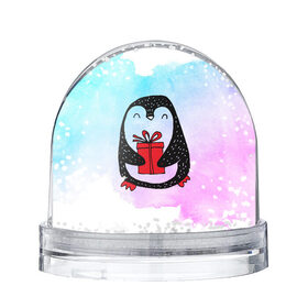 Снежный шар с принтом Милый пингвин с подарком в Новосибирске, Пластик | Изображение внутри шара печатается на глянцевой фотобумаге с двух сторон | Тематика изображения на принте: 