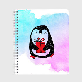 Тетрадь с принтом Милый пингвин с подарком в Новосибирске, 100% бумага | 48 листов, плотность листов — 60 г/м2, плотность картонной обложки — 250 г/м2. Листы скреплены сбоку удобной пружинной спиралью. Уголки страниц и обложки скругленные. Цвет линий — светло-серый
 | Тематика изображения на принте: 