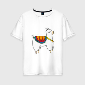 Женская футболка хлопок Oversize с принтом Лама в Новосибирске, 100% хлопок | свободный крой, круглый ворот, спущенный рукав, длина до линии бедер
 | альпака | для детей | животные | звери | картинки | лама | мех | милые | мультфильмы | популярные | прикольные | пушистый | шерсть