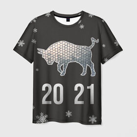 Мужская футболка 3D с принтом Бык 2021 в Новосибирске, 100% полиэфир | прямой крой, круглый вырез горловины, длина до линии бедер | Тематика изображения на принте: 2021 | бык | годбыка | металлический бык | новый год