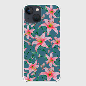 Чехол для iPhone 13 mini с принтом Лилии на сером фоне в Новосибирске,  |  | 8 марта | весна | зеленый | лилии | праздник | природа | растения | розовый | серый | цветы