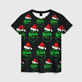 Женская футболка 3D с принтом Grinch Face в Новосибирске, 100% полиэфир ( синтетическое хлопкоподобное полотно) | прямой крой, круглый вырез горловины, длина до линии бедер | 2020 | 2021 | grinch | белая | год | гринч | елка | женская | зеленый | красная | мужская | мультфильм | надпись | нг | новый | подарок | полосы | праздник | рождества | свитер | сердце | смайл | фильм | шапка