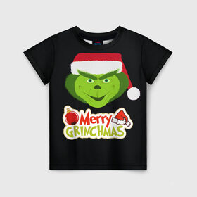 Детская футболка 3D с принтом Merry Grinchmas в Новосибирске, 100% гипоаллергенный полиэфир | прямой крой, круглый вырез горловины, длина до линии бедер, чуть спущенное плечо, ткань немного тянется | 2020 | 2021 | grinch | белая | год | гринч | елка | женская | зеленый | красная | мужская | мультфильм | надпись | нг | новый | подарок | полосы | праздник | рождества | свитер | сердце | смайл | фильм | шапка