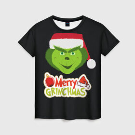 Женская футболка 3D с принтом Merry Grinchmas в Новосибирске, 100% полиэфир ( синтетическое хлопкоподобное полотно) | прямой крой, круглый вырез горловины, длина до линии бедер | 2020 | 2021 | grinch | белая | год | гринч | елка | женская | зеленый | красная | мужская | мультфильм | надпись | нг | новый | подарок | полосы | праздник | рождества | свитер | сердце | смайл | фильм | шапка