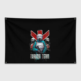 Флаг-баннер с принтом CYBERPUNK TRAUMA TEAM в Новосибирске, 100% полиэстер | размер 67 х 109 см, плотность ткани — 95 г/м2; по краям флага есть четыре люверса для крепления | ambulance | cd prodject | cyberpunk 2077 | future | game | japan | kianu | logo | medicine | pc | rpg | samurai | trauma | trauma team | банды | будущее | игры | киану ривз | киберпанк | киберпанк 2077 | киборги | компьютер | медики скорая 