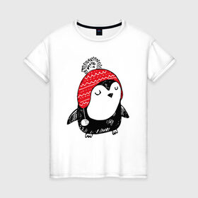 Женская футболка хлопок с принтом Милый пингвин в шапочке в Новосибирске, 100% хлопок | прямой крой, круглый вырез горловины, длина до линии бедер, слегка спущенное плечо | 
