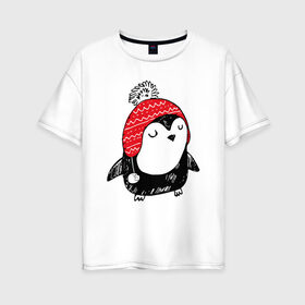 Женская футболка хлопок Oversize с принтом Милый пингвин в шапочке в Новосибирске, 100% хлопок | свободный крой, круглый ворот, спущенный рукав, длина до линии бедер
 | 