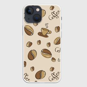 Чехол для iPhone 13 mini с принтом Кофейный узор на светлом в Новосибирске,  |  | зерна | коричневый | кофе | кофейный | кофеман | паттерн | светлый | узор | чашка