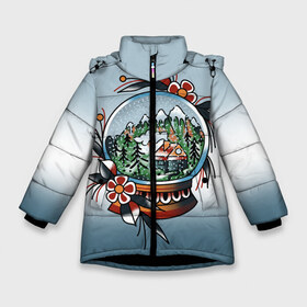 Зимняя куртка для девочек 3D с принтом Новогодний снежный шар в Новосибирске, ткань верха — 100% полиэстер; подклад — 100% полиэстер, утеплитель — 100% полиэстер. | длина ниже бедра, удлиненная спинка, воротник стойка и отстегивающийся капюшон. Есть боковые карманы с листочкой на кнопках, утяжки по низу изделия и внутренний карман на молнии. 

Предусмотрены светоотражающий принт на спинке, радужный светоотражающий элемент на пуллере молнии и на резинке для утяжки. | 3д | домик в горах | дым | елки | елочная игрушка | зима | иллючтрация | новый год | пейзаж | снег | снежный шар | тату | татуировка | тоту | цветочки | цветы | шар со снегом | эскиз