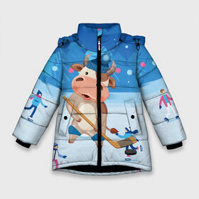 Зимняя куртка для девочек 3D с принтом Бык играет в хоккей в Новосибирске, ткань верха — 100% полиэстер; подклад — 100% полиэстер, утеплитель — 100% полиэстер. | длина ниже бедра, удлиненная спинка, воротник стойка и отстегивающийся капюшон. Есть боковые карманы с листочкой на кнопках, утяжки по низу изделия и внутренний карман на молнии. 

Предусмотрены светоотражающий принт на спинке, радужный светоотражающий элемент на пуллере молнии и на резинке для утяжки. | 2021 | 7 января | bull | newyear | santa | бык | быки | бычок | год быка | дед мороз | корова | новогодние каникулы | новогодние праздники | новый 2021 | новый год | новый год 2021 | рождество | сани | санта | санта клаус