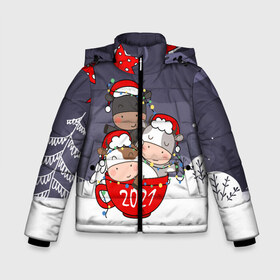 Зимняя куртка для мальчиков 3D с принтом Новогодние быки в чашке в Новосибирске, ткань верха — 100% полиэстер; подклад — 100% полиэстер, утеплитель — 100% полиэстер | длина ниже бедра, удлиненная спинка, воротник стойка и отстегивающийся капюшон. Есть боковые карманы с листочкой на кнопках, утяжки по низу изделия и внутренний карман на молнии. 

Предусмотрены светоотражающий принт на спинке, радужный светоотражающий элемент на пуллере молнии и на резинке для утяжки | 2021 | 7 января | bull | newyear | santa | бык | быки | бычок | год быка | дед мороз | корова | новогодние каникулы | новогодние праздники | новый 2021 | новый год | новый год 2021 | рождество | сани | санта | санта клаус