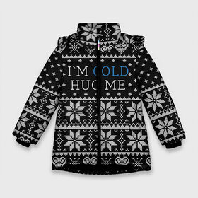 Зимняя куртка для девочек 3D с принтом I`m cold hug me в Новосибирске, ткань верха — 100% полиэстер; подклад — 100% полиэстер, утеплитель — 100% полиэстер. | длина ниже бедра, удлиненная спинка, воротник стойка и отстегивающийся капюшон. Есть боковые карманы с листочкой на кнопках, утяжки по низу изделия и внутренний карман на молнии. 

Предусмотрены светоотражающий принт на спинке, радужный светоотражающий элемент на пуллере молнии и на резинке для утяжки. | иностранные | любовь | меня | мне | надпись | новогодний свитер | новый год | обними | объятия | прикольные | рождественский свитер | свитер | слова | текст | холодно | цитата