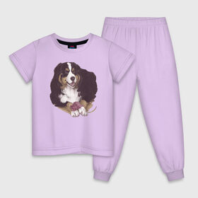 Детская пижама хлопок с принтом собака с пионом в Новосибирске, 100% хлопок |  брюки и футболка прямого кроя, без карманов, на брюках мягкая резинка на поясе и по низу штанин
 | бернский зенненхунд | домашний любимец | иллюстрация | собачник