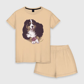 Женская пижама с шортиками хлопок с принтом собака с пионом в Новосибирске, 100% хлопок | футболка прямого кроя, шорты свободные с широкой мягкой резинкой | бернский зенненхунд | домашний любимец | иллюстрация | собачник