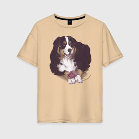 Женская футболка хлопок Oversize с принтом собака с пионом в Новосибирске, 100% хлопок | свободный крой, круглый ворот, спущенный рукав, длина до линии бедер
 | бернский зенненхунд | домашний любимец | иллюстрация | собачник