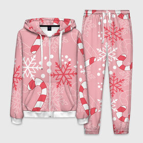 Мужской костюм 3D с принтом Новогодний узор с леденцом в Новосибирске, 100% полиэстер | Манжеты и пояс оформлены тканевой резинкой, двухслойный капюшон со шнурком для регулировки, карманы спереди | детская | красный | леденец | новогодняя | новый год | розовая | снежинки