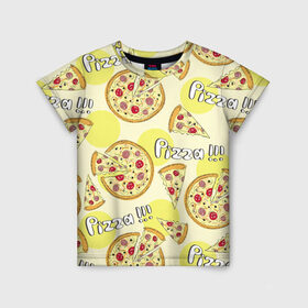 Детская футболка 3D с принтом Узор - Пицца на желтом в Новосибирске, 100% гипоаллергенный полиэфир | прямой крой, круглый вырез горловины, длина до линии бедер, чуть спущенное плечо, ткань немного тянется | еда | желтый | кусок | надписи | паттерн | пицца | узор | фастфуд