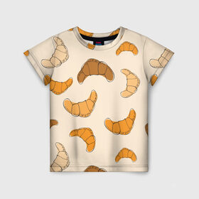 Детская футболка 3D с принтом Круассаны - Вкусный узор в Новосибирске, 100% гипоаллергенный полиэфир | прямой крой, круглый вырез горловины, длина до линии бедер, чуть спущенное плечо, ткань немного тянется | еда | завтрак | круассан | оранжевый | паттерн | рогалики | сладости | узор | фастфуд