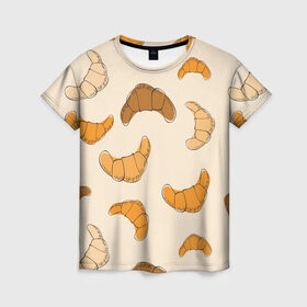 Женская футболка 3D с принтом Круассаны - Вкусный узор в Новосибирске, 100% полиэфир ( синтетическое хлопкоподобное полотно) | прямой крой, круглый вырез горловины, длина до линии бедер | еда | завтрак | круассан | оранжевый | паттерн | рогалики | сладости | узор | фастфуд
