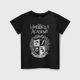 Детская футболка хлопок с принтом Академия Амбрелла в Новосибирске, 100% хлопок | круглый вырез горловины, полуприлегающий силуэт, длина до линии бедер | the umbrella academy | umbrella | академия амбрелла | амбрелла | герб | зонтик | комиксы