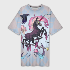 Платье-футболка 3D с принтом Слейпнир   сын Локи восьминогий конь, вороны Одина, копье в Новосибирске,  |  | son of loki | вороны одина | восьминогий конь | звезды | кометы | конь в шлеме | копье | паттерн | слейпнир