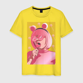 Мужская футболка хлопок с принтом Lollipop в Новосибирске, 100% хлопок | прямой крой, круглый вырез горловины, длина до линии бедер, слегка спущенное плечо. | pop art | popart | девушка | девушка в очках | девушка в ушках | девушка с розовыми волосами | желтый фон | леденец | поп арт | ушки | чупа чупс