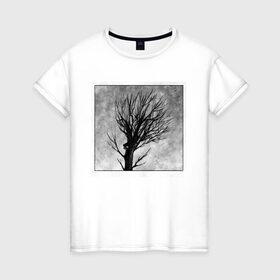 Женская футболка хлопок с принтом Дом на дереве в Новосибирске, 100% хлопок | прямой крой, круглый вырез горловины, длина до линии бедер, слегка спущенное плечо | ветки | графика | дерево | дом | жуткий | мрачный | небо | одиночество | пасмурно | пустота