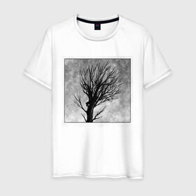 Мужская футболка хлопок с принтом Дом на дереве в Новосибирске, 100% хлопок | прямой крой, круглый вырез горловины, длина до линии бедер, слегка спущенное плечо. | Тематика изображения на принте: ветки | графика | дерево | дом | жуткий | мрачный | небо | одиночество | пасмурно | пустота