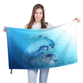 Флаг 3D с принтом Волна с фоном в Новосибирске, 100% полиэстер | плотность ткани — 95 г/м2, размер — 67 х 109 см. Принт наносится с одной стороны | акварель | брызги | вода | волны | море | океан