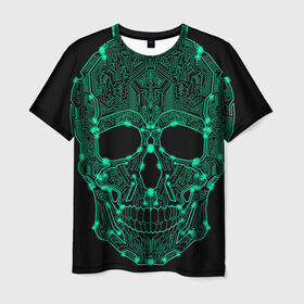 Мужская футболка 3D с принтом Неоновый Череп в Новосибирске, 100% полиэфир | прямой крой, круглый вырез горловины, длина до линии бедер | skulls | градиент | кибер | мозги | неоновый | робот | скелет | цифровой | черепа | черный