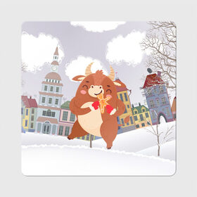 Магнит виниловый Квадрат с принтом Довольный бык в Новосибирске, полимерный материал с магнитным слоем | размер 9*9 см, закругленные углы | Тематика изображения на принте: 2021 | 7 января | bull | newyear | santa | бык | быки | бычок | год быка | дед мороз | корова | новогодние каникулы | новогодние праздники | новый 2021 | новый год | новый год 2021 | рождество | сани | санта | санта клаус