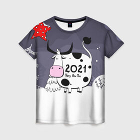 Женская футболка 3D с принтом Корова 2021 в Новосибирске, 100% полиэфир ( синтетическое хлопкоподобное полотно) | прямой крой, круглый вырез горловины, длина до линии бедер | 2021 | 7 января | bull | newyear | santa | бык | быки | бычок | год быка | дед мороз | корова | новогодние каникулы | новогодние праздники | новый 2021 | новый год | новый год 2021 | рождество | сани | санта | санта клаус
