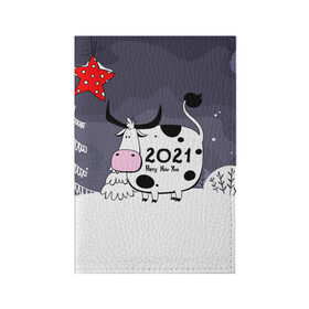 Обложка для паспорта матовая кожа с принтом Корова 2021 в Новосибирске, натуральная матовая кожа | размер 19,3 х 13,7 см; прозрачные пластиковые крепления | 2021 | 7 января | bull | newyear | santa | бык | быки | бычок | год быка | дед мороз | корова | новогодние каникулы | новогодние праздники | новый 2021 | новый год | новый год 2021 | рождество | сани | санта | санта клаус