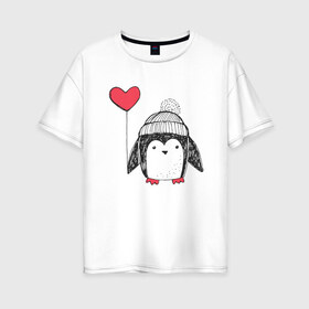 Женская футболка хлопок Oversize с принтом Пингвин с шариком в Новосибирске, 100% хлопок | свободный крой, круглый ворот, спущенный рукав, длина до линии бедер
 | 