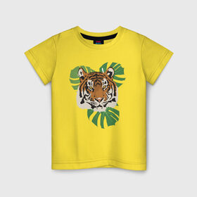 Детская футболка хлопок с принтом Тигр в джунглях в Новосибирске, 100% хлопок | круглый вырез горловины, полуприлегающий силуэт, длина до линии бедер | nature | tiger | wild | wild animals | джунгли | дикие животные | дикий | животные | кошачьи | крупные кошки | полосатый | природа | тигр | тигр в джунглях | тигренок | тропики | хищник | хищные животные