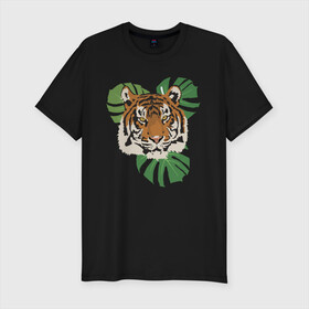 Мужская футболка хлопок Slim с принтом Тигр в джунглях в Новосибирске, 92% хлопок, 8% лайкра | приталенный силуэт, круглый вырез ворота, длина до линии бедра, короткий рукав | nature | tiger | wild | wild animals | джунгли | дикие животные | дикий | животные | кошачьи | крупные кошки | полосатый | природа | тигр | тигр в джунглях | тигренок | тропики | хищник | хищные животные