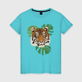Женская футболка хлопок с принтом Тигр в джунглях в Новосибирске, 100% хлопок | прямой крой, круглый вырез горловины, длина до линии бедер, слегка спущенное плечо | nature | tiger | wild | wild animals | джунгли | дикие животные | дикий | животные | кошачьи | крупные кошки | полосатый | природа | тигр | тигр в джунглях | тигренок | тропики | хищник | хищные животные