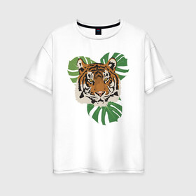 Женская футболка хлопок Oversize с принтом Тигр в джунглях в Новосибирске, 100% хлопок | свободный крой, круглый ворот, спущенный рукав, длина до линии бедер
 | nature | tiger | wild | wild animals | джунгли | дикие животные | дикий | животные | кошачьи | крупные кошки | полосатый | природа | тигр | тигр в джунглях | тигренок | тропики | хищник | хищные животные