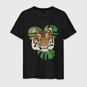 Мужская футболка хлопок с принтом Тигр в джунглях в Новосибирске, 100% хлопок | прямой крой, круглый вырез горловины, длина до линии бедер, слегка спущенное плечо. | nature | tiger | wild | wild animals | джунгли | дикие животные | дикий | животные | кошачьи | крупные кошки | полосатый | природа | тигр | тигр в джунглях | тигренок | тропики | хищник | хищные животные