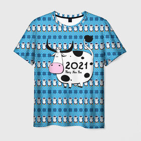 Мужская футболка 3D с принтом Корова 2021 в Новосибирске, 100% полиэфир | прямой крой, круглый вырез горловины, длина до линии бедер | Тематика изображения на принте: 2021 | 7 января | bull | newyear | santa | бык | быки | бычок | год быка | дед мороз | корова | новогодние каникулы | новогодние праздники | новый 2021 | новый год | новый год 2021 | рождество | сани | санта | санта клаус