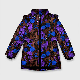 Зимняя куртка для девочек 3D с принтом Purple Leopards в Новосибирске, ткань верха — 100% полиэстер; подклад — 100% полиэстер, утеплитель — 100% полиэстер. | длина ниже бедра, удлиненная спинка, воротник стойка и отстегивающийся капюшон. Есть боковые карманы с листочкой на кнопках, утяжки по низу изделия и внутренний карман на молнии. 

Предусмотрены светоотражающий принт на спинке, радужный светоотражающий элемент на пуллере молнии и на резинке для утяжки. | 