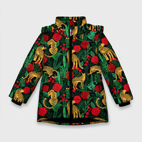 Зимняя куртка для девочек 3D с принтом Leopards в Новосибирске, ткань верха — 100% полиэстер; подклад — 100% полиэстер, утеплитель — 100% полиэстер. | длина ниже бедра, удлиненная спинка, воротник стойка и отстегивающийся капюшон. Есть боковые карманы с листочкой на кнопках, утяжки по низу изделия и внутренний карман на молнии. 

Предусмотрены светоотражающий принт на спинке, радужный светоотражающий элемент на пуллере молнии и на резинке для утяжки. | black | cat | белый | букет | животные | кот | кошки | лев | леопарды | паттерн | полосы | розы | тигры | узор | цветы | чб | черный