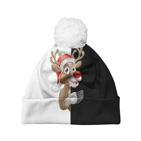 Шапка 3D c помпоном с принтом Новогодний Олень в Новосибирске, 100% полиэстер | универсальный размер, печать по всей поверхности изделия | christmas | merry christmas | santa claus | дед мороз | ёлка | новогодние олени | новый год | оленёнок бэмби | оленёнок рудольф | орнамент | с новым годом | санта клаус | свитер с оленями | снегурочка | снежинки | узоры