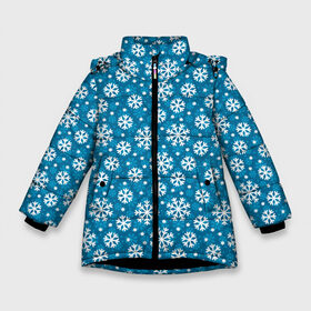 Зимняя куртка для девочек 3D с принтом Снежинки в Новосибирске, ткань верха — 100% полиэстер; подклад — 100% полиэстер, утеплитель — 100% полиэстер. | длина ниже бедра, удлиненная спинка, воротник стойка и отстегивающийся капюшон. Есть боковые карманы с листочкой на кнопках, утяжки по низу изделия и внутренний карман на молнии. 

Предусмотрены светоотражающий принт на спинке, радужный светоотражающий элемент на пуллере молнии и на резинке для утяжки. | merry christmas | дед мороз | ёлка | зима | мороз | новый год | подарок | праздник | рождество | с новым годом | санта клаус | снег | снеговик | снегурочка | снежинки | снежные узоры | узоры
