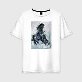 Женская футболка хлопок Oversize с принтом Лошадь арт в Новосибирске, 100% хлопок | свободный крой, круглый ворот, спущенный рукав, длина до линии бедер
 | horse | horseshoe | акварель | головалошади | грива | жеребец | животные | конь | лошадь | лошадьскрыльями | подкова | природа | рисуноккрасками