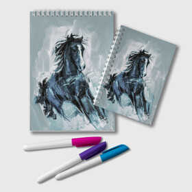 Блокнот с принтом нарисованный конь в Новосибирске, 100% бумага | 48 листов, плотность листов — 60 г/м2, плотность картонной обложки — 250 г/м2. Листы скреплены удобной пружинной спиралью. Цвет линий — светло-серый
 | Тематика изображения на принте: horse | horseshoe | акварель | головалошади | грива | жеребец | животные | конь | лошадь | лошадьскрыльями | подкова | природа | рисуноккрасками