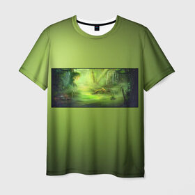 Мужская футболка 3D с принтом Solar swamp Солнечное Болото в Новосибирске, 100% полиэфир | прямой крой, круглый вырез горловины, длина до линии бедер | болотный | зеленый | зеленый фон | солнечный