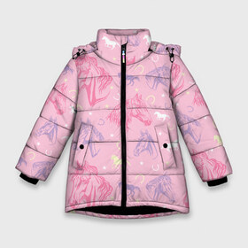 Зимняя куртка для девочек 3D с принтом лошади на розовом фоне в Новосибирске, ткань верха — 100% полиэстер; подклад — 100% полиэстер, утеплитель — 100% полиэстер. | длина ниже бедра, удлиненная спинка, воротник стойка и отстегивающийся капюшон. Есть боковые карманы с листочкой на кнопках, утяжки по низу изделия и внутренний карман на молнии. 

Предусмотрены светоотражающий принт на спинке, радужный светоотражающий элемент на пуллере молнии и на резинке для утяжки. | horse | horseshoe | акварель | головалошади | грива | жеребец | животные | конь | лошадь | лошадьскрыльями | подкова | природа | рисуноккрасками